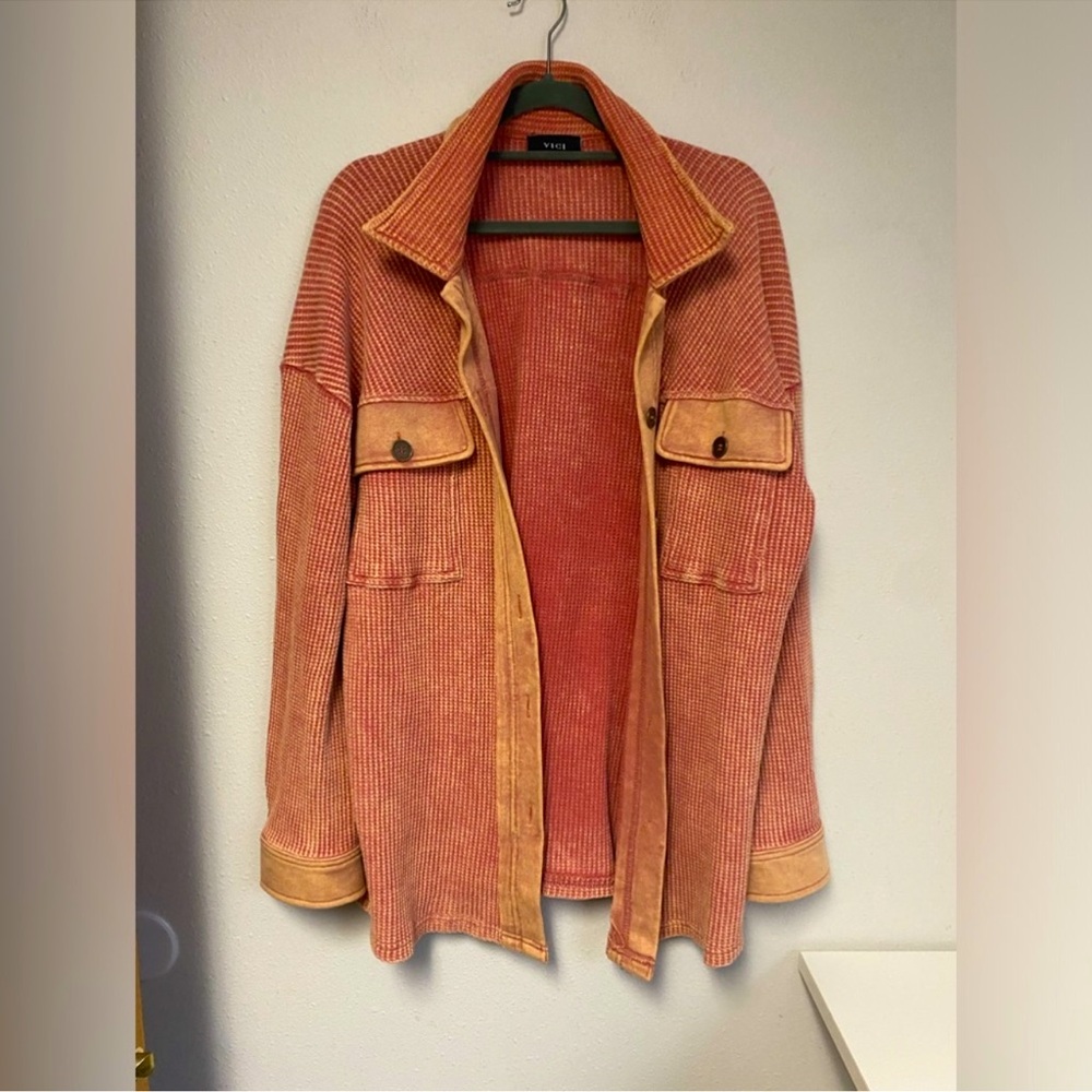 Vici Rigo Coral Pink Orange Sherbet Waffle Knit Oversized Button Down Shacket Sm